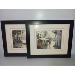 Art Prints (Set) with Black Frames and White Matte -Cafe de Ville/Paris Evening